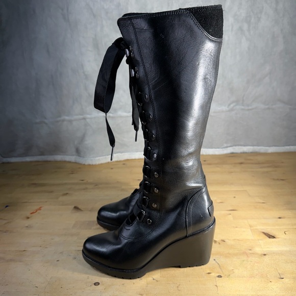 Sorel Black Leather Lace-Up Wedge Knee High Boots Women’s 6.5 - Picture 1 of 16